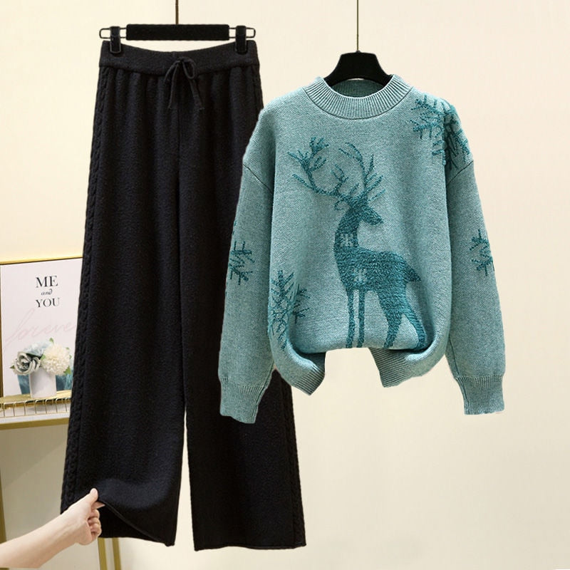 Set of Two Fashion Pieces for Women Long Sleeve PrintingAll-match Knitted High Waist Wide-leg Pants Women