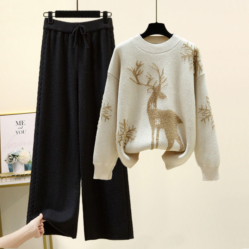 Set of Two Fashion Pieces for Women Long Sleeve PrintingAll-match Knitted High Waist Wide-leg Pants Women