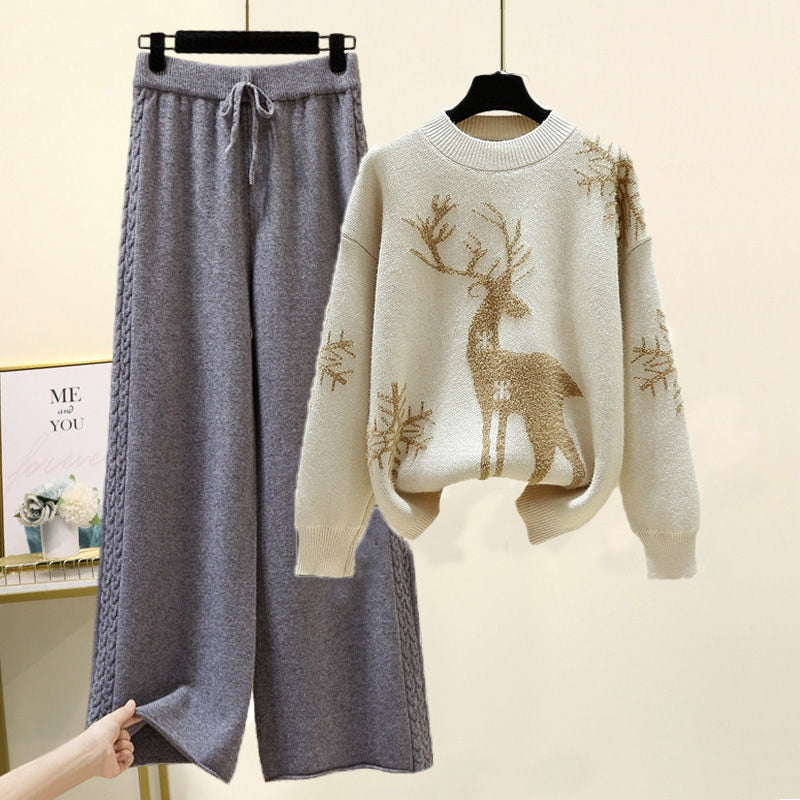 Set of Two Fashion Pieces for Women Long Sleeve PrintingAll-match Knitted High Waist Wide-leg Pants Women