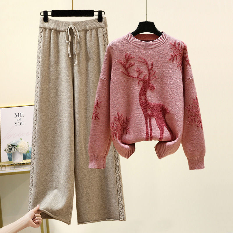 Set of Two Fashion Pieces for Women Long Sleeve PrintingAll-match Knitted High Waist Wide-leg Pants Women