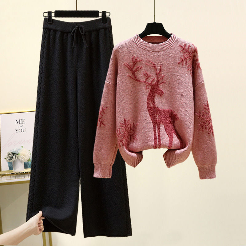 Set of Two Fashion Pieces for Women Long Sleeve PrintingAll-match Knitted High Waist Wide-leg Pants Women