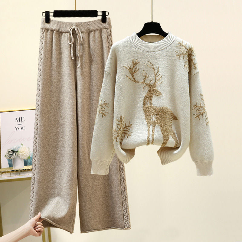 Set of Two Fashion Pieces for Women Long Sleeve PrintingAll-match Knitted High Waist Wide-leg Pants Women